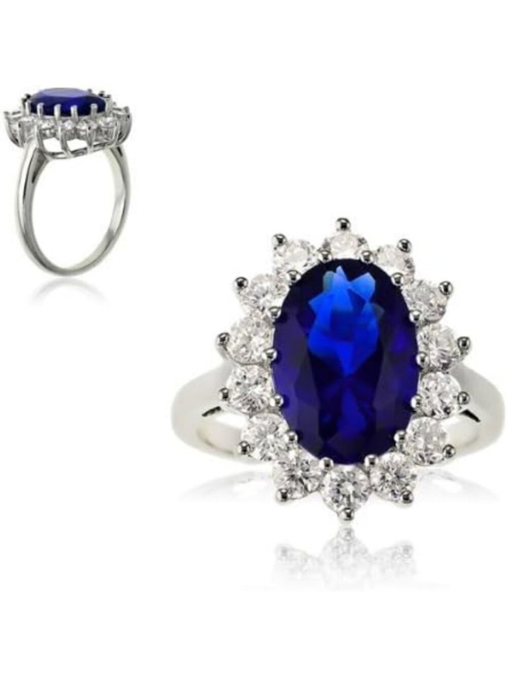 Large Oval Blue Sapphire & Clear CZ Statement Ring - Bridal Engagement Jewelry